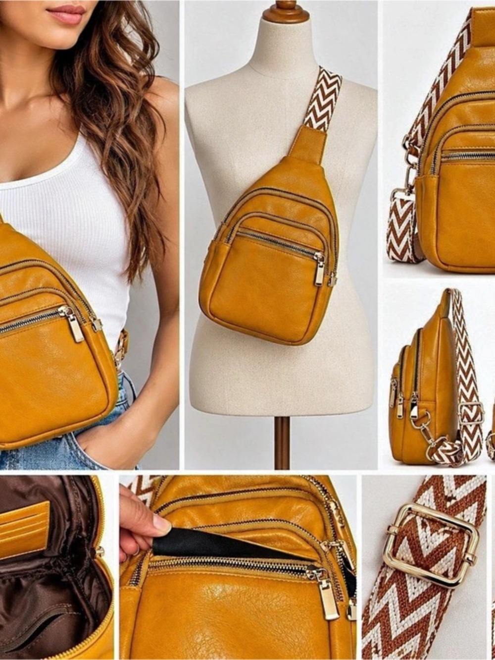 Mustard Yellow Sling Backpack Crossbody Bag – Boho Geometric Strap